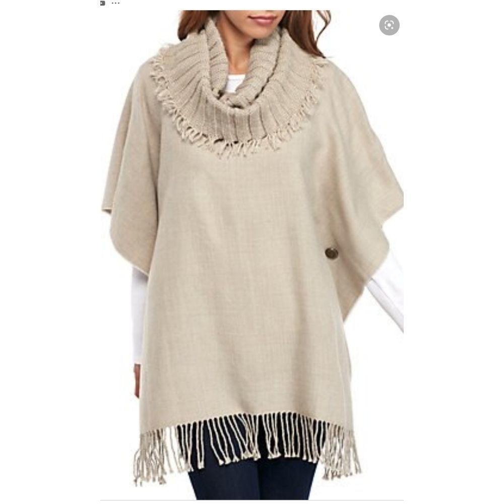 V. FRAAS FRINGED PONCHO WITH LARGE COWL NECK